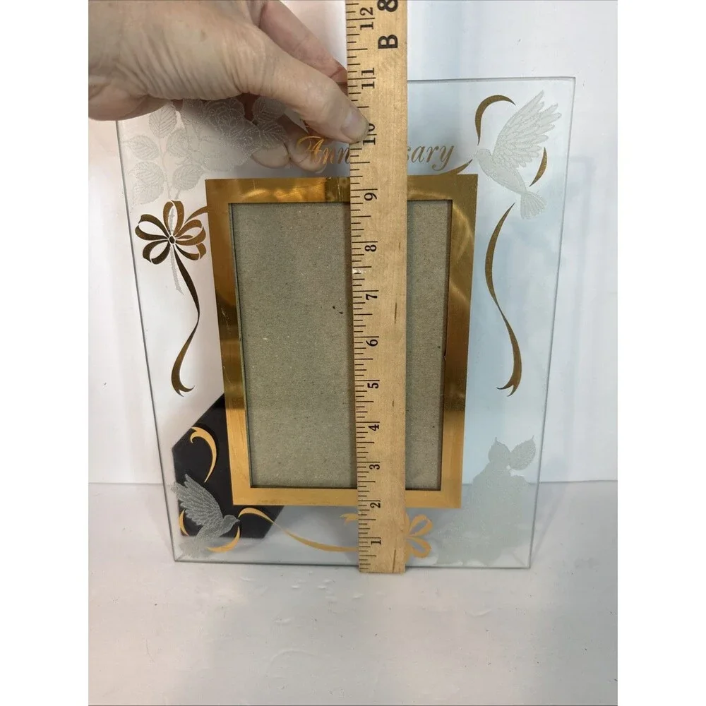 Vintage Glass Happy Anniversary Picture Frame Gold Trim Doves Roses Tabletop 5x7